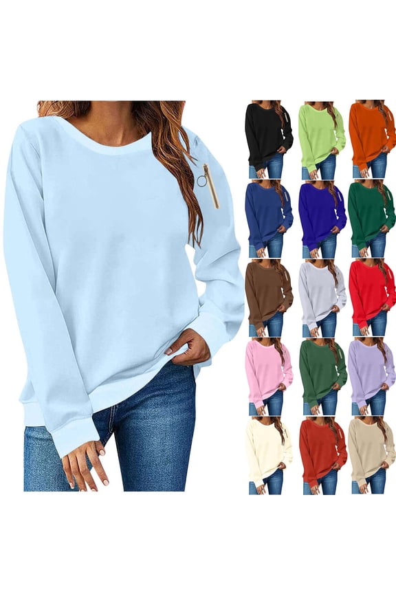 Sweatshirts for Women, Women's Solid Color Circular Zipper Fashionable Loose Casual Long Sleeved Top With Shoulder Drop And No Hat Hoodie, Light Blue S