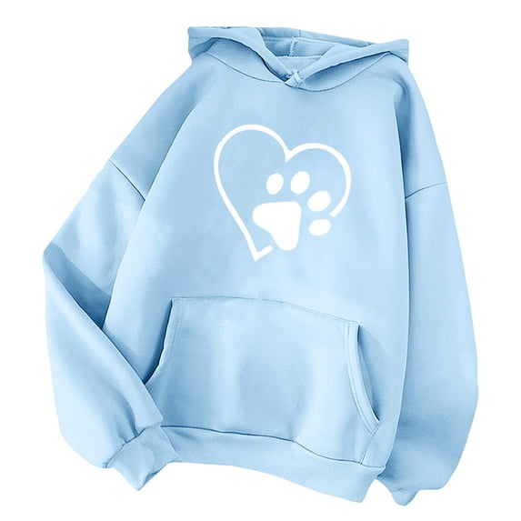 Sweatshirts for Women ZHUGeLI Pullover Clearance! Women's Long Sleeve Round Neck Sweatshirt Casual Loose Pullover Shirts Pulloverd Dog Paw Print Printed Hooded Pocket Sweater