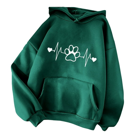 Sweatshirts for Women ZHUGeLI Pullover Women's Long Sleeve Round Neck Sweatshirt Casual Loose Pullover Shirts Pulloverd Dog Paw Print Printed Hooded Pocket Sweater