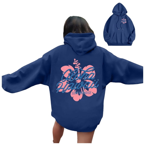 Sweatshirts Y2k Women Winter Fall Oversized Hooded Long Sleeve Rolled Drop Shoulder Hoody Floral Hoodie Cotton Pullover Pullovers(Navy,M)