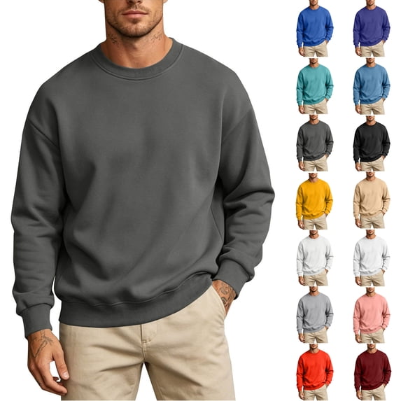 Sweatshirts Zaewscy Men's Spring Fleece Lined Solid Color Crew Neck Long Sleeve No Hood Sweatshirt Dark Gray XXL