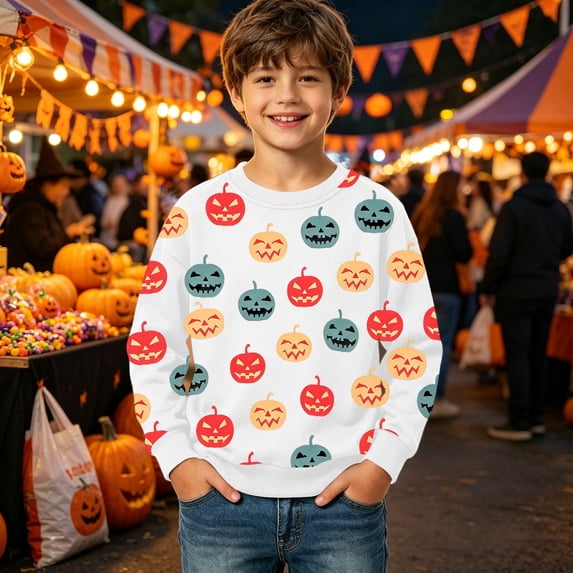 Sweatshirts for Boys Halloween Glow Print Crewneck Pullover Top Cozy Kids Boys Sweatshirts Size 13-14Y