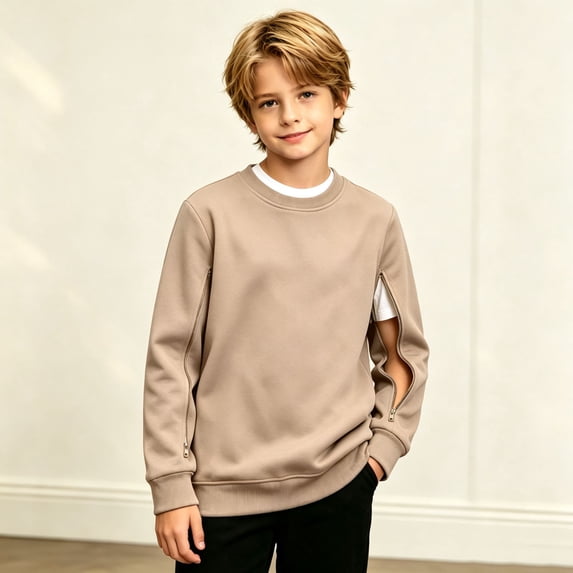 Sweatshirts for Boys Solid Color Zip Sleeve Crewneck Pullover Top Pocket Casual Boys Sweatshirts Size 3-4Y
