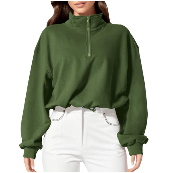 Sweatshirts for Ladies Round Neck Army Green Fall and Winter Long Sleeve Half High Neck Zipper Solid Color Short Button Loose Velvet Relaxed Fit Tops