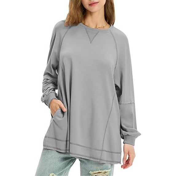 Sweatshirts for Ladies Round Neck Gray Long Sleeved Patchwork Solid Color Loose Casual Relaxed Fit Tops