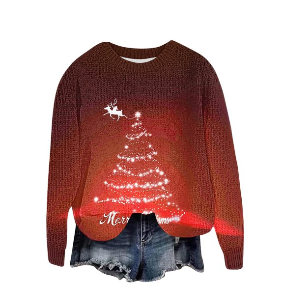 Sweatshirts for Ladies Round Neck Multicolor Christmas Long Sleeve Cardigan Printed Button Solid Color Knit Top Coat Relaxed Fit Tops