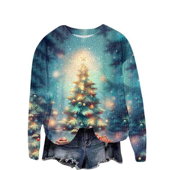 Sweatshirts for Ladies Round Neck Multicolor Christmas Long Sleeve Cardigan Printed Button Solid Color Knit Top Coat Relaxed Fit Tops