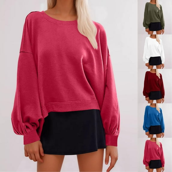 Sweatshirts for Ladies Round Neck Red Solid Color Loose Bubble Sleeve Hoodie Long Sleeve Jacket Relaxed Fit Tops