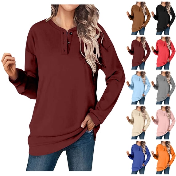 Sweatshirts for Ladies Round Neck Wine Long Sleeved Solid Color Casual Without Hat Relaxed Fit Tops