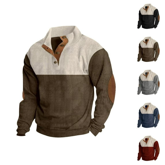 Sweatshirts for Men 2025 Fall Winter Color Block Long Sleeve Button Stand Collar Casual Loose Sweatshirt Pullover Tops