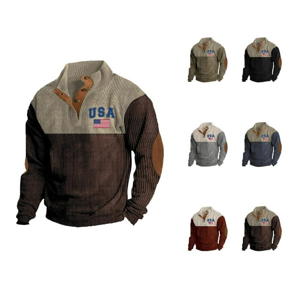 Sweatshirts for Men 2025 Fall Winter Color Block Long Sleeve Button Stand Collar Corduroy Sweatshirt Pullover Tops
