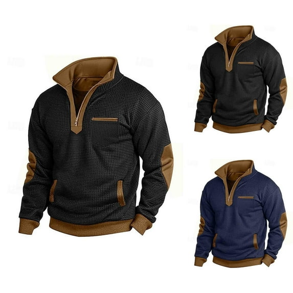 Sweatshirts for Men 2025 Fall Winter Long Sleeve Waffle Half Zipper Stand Collar Sweatshirt with Pockets Pullover Tops