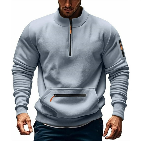 Sweatshirts for Men 2025 Winter Stand Collar Trend Solid Tops with Half Zipper Multiple Pockets Pullover Casual Hoodless Sweatshirt for Men Grey XL