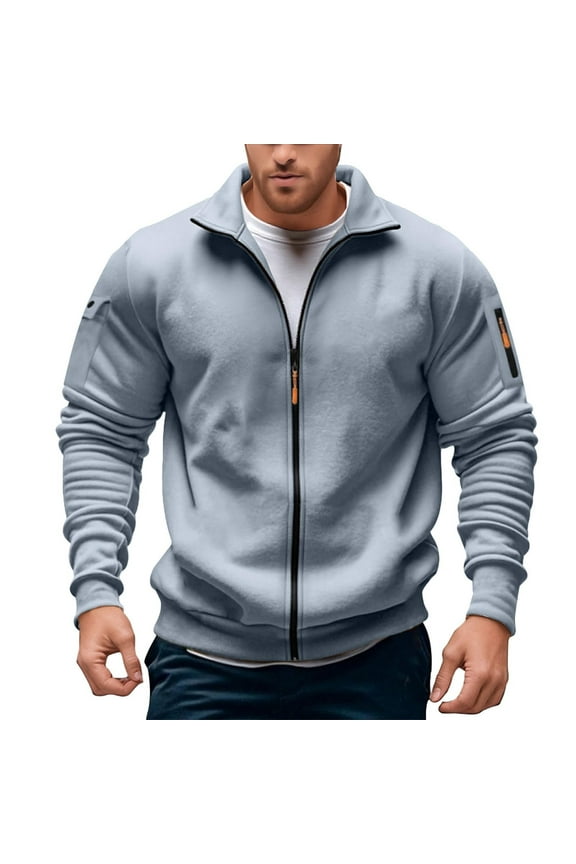 Sweatshirts for Men Casual Full Zip Up Hoodless Pullover Stylish Stand Collar Pocket Jacket Trend Comfortable Loose Mens Sweatshirt Light Gray L