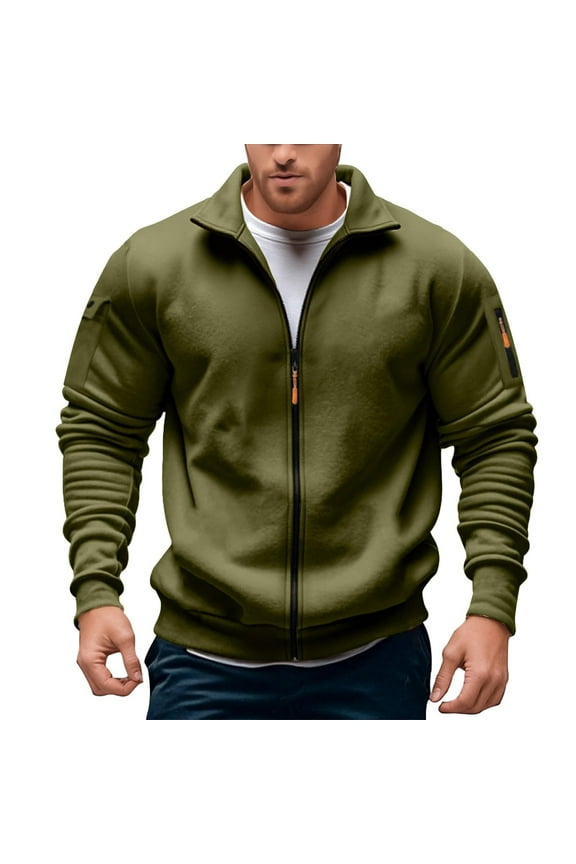 Sweatshirts for Men Casual Full Zip Up Hoodless Pullover Stylish Stand Collar Pocket Jacket Trend Comfortable Loose Sweatshirt for Men Army Green L