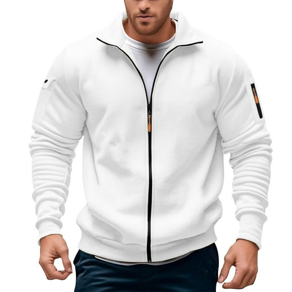 Sweatshirts for Men Casual Full Zip Up Hoodless Pullover Stylish Stand Collar Pocket Jacket Trend Comfortable Loose Sweatshirt for Men White XXL