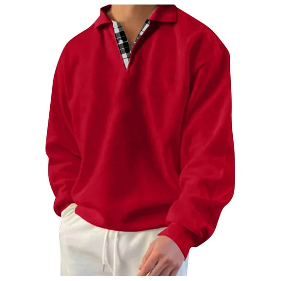 Sweatshirts for Men Casual Turndown Collar Long Sleeve Hoodless Sweatshirt Plaid Button Mens Pullover Relaxed Fit Men Sweatshirts Red M