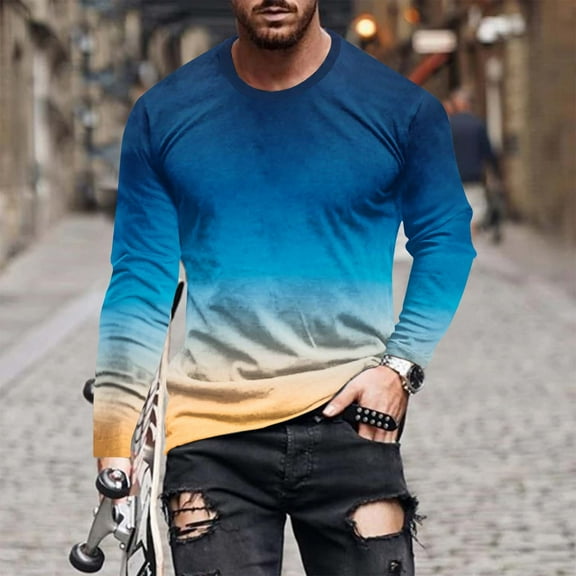 Sweatshirts for Men Long Sleeve Casual Round Neck Pullover Printed T-Shirt Blouse Blue M