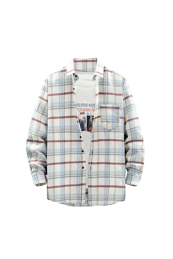 Sweatshirts for Men Long Sleeve Plaid Flannel Loose Turndown Collar Buttons Shirt Jacket White M