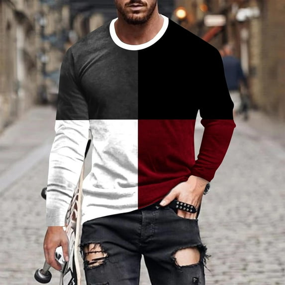 Sweatshirts for Men Long Sleeve Round Neck Pullover Printed Casual Blouse Wine M