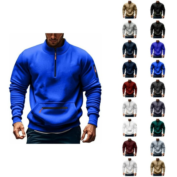 Sweatshirts for Men Fall Winter Long Sleeve Lined Half Zipper Stand Collar Sweatshirt with Pockets Pullover