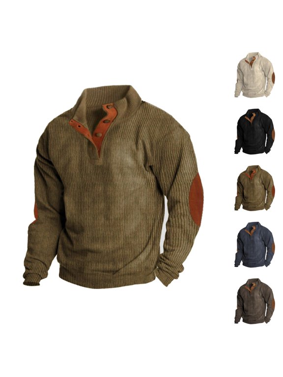 Sweatshirts for Men Fall Winter Long Sleeve Loose Casual Stand Collar Corduroy Pullover Sweatshirt with Elbow Patch