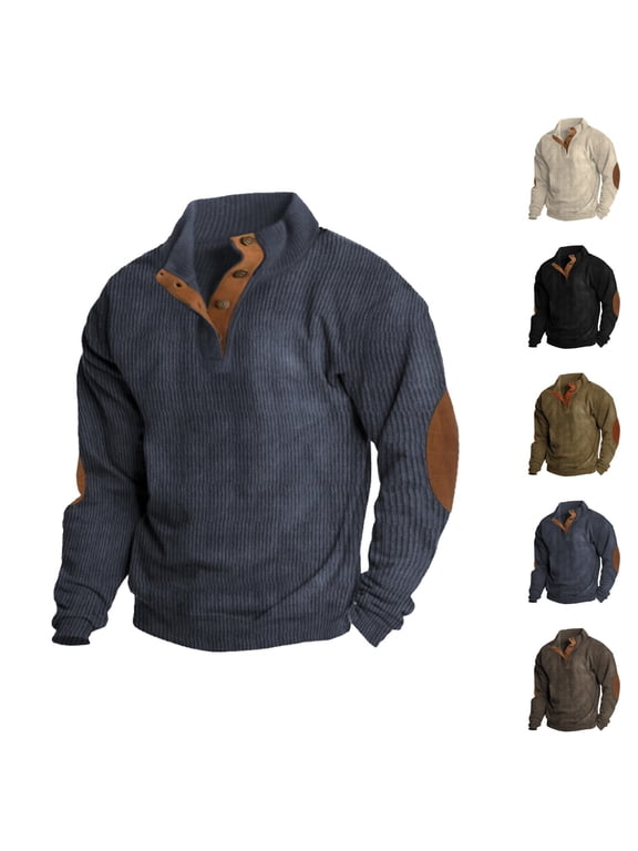Sweatshirts for Men Fall Winter Long Sleeve Loose Casual Stand Collar Corduroy Pullover Sweatshirt with Elbow Patch
