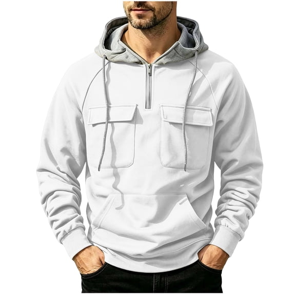 Sweatshirts for Men Hooded Quarter Zip Loose Pullover Winter Casual Patchwork Long Sleeve Sweatshirt with Pockets Daily Casual Athletic Wear