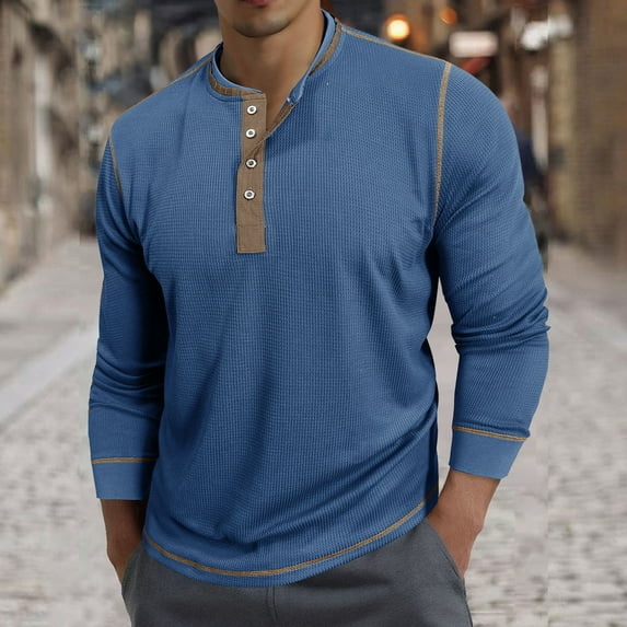 Sweatshirts for Men Long Sleeve Waffleknit Shirts Mens Casual Color Block Pullover Button Crewneck Breathable Basic Going-Out Loungewear Tshirts Tops