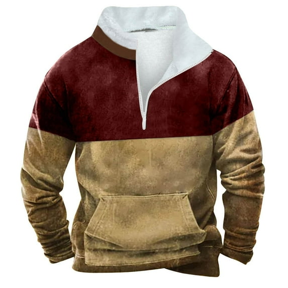 Sweatshirts for Men Long Sleeve Winter Zipper Pocket Casual Stand Up Collar Long Sleeve Color Block Sweatshirt