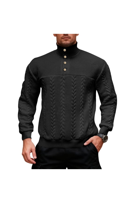 Sweatshirts for Men, Mens Sweater Casual Knitted Sweatshirts Quarter-Button Pullover Warm Sweater Tops with Elbow Patch Black L