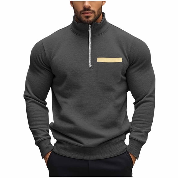 Sweatshirts for Men with Pocket and Zipper Mock Neck Fleece Lined Shirts Long Sleeve Casual Solid Pullover Slim Thermal Warm Work Sweatshirt Tops