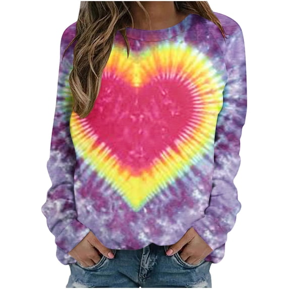 Sweatshirts for Teenagers Fashion Heart Tie-Dye Printed Crew Neck Casual Long Sleeve Pullover Tops Valentine Gift(Multicolor,M)