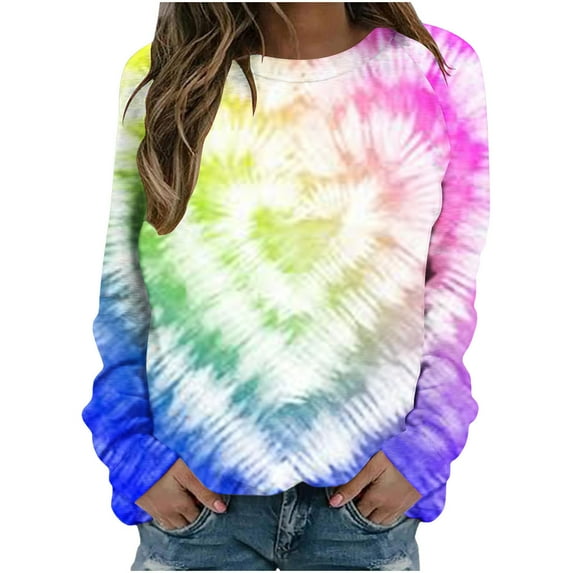 Sweatshirts for Teenagers Fashion Heart Tie-Dye Printed Crew Neck Casual Long Sleeve Pullover Tops Valentine Gift(Multicolor,XL)