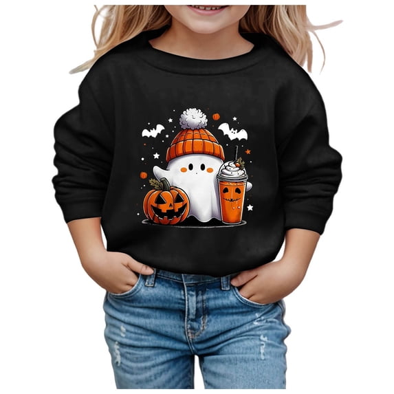 Sweatshirts for Toddler Girls Halloween Pumpkin Ghost Print Children Cute Crew Neck Hoodless Long Sleeve Casual Loose Pullover Tops Size 3-4T