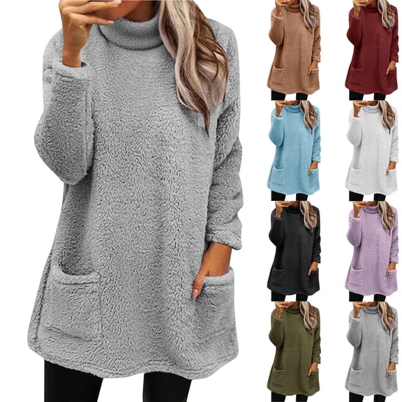 Sweatshirts for Women 2025 Plus Size Casual Long Sleeve Fuzzy Sherpa Pullover Winter Warm Cozy Sweaters Tops With Pockets Light Purple M
