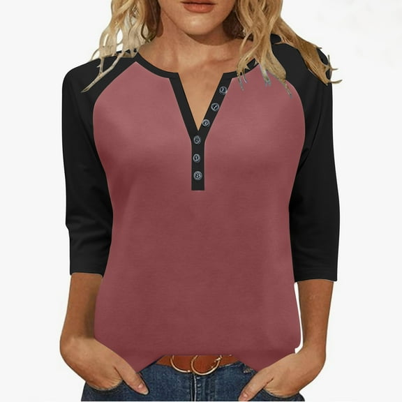 Sweatshirts for Women, 3/4 Length Sleeve Womens Tops Color Block Button V Neck Henley Raglan Shirts Cotton Blouses for Women Dressy Casual
