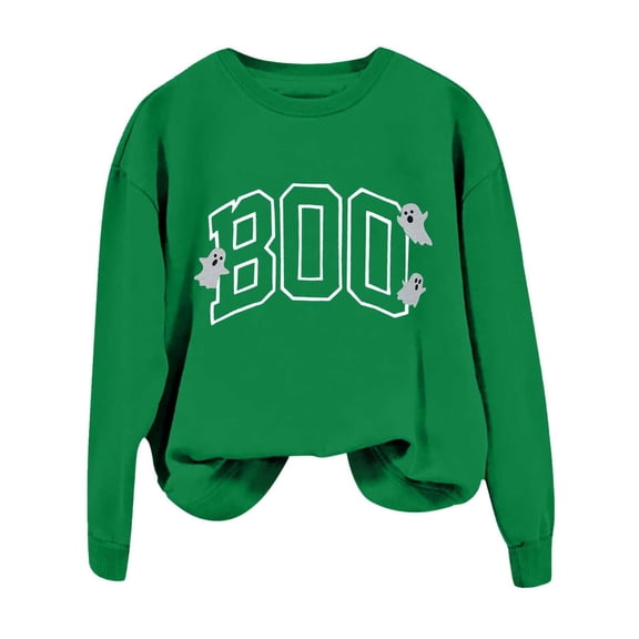 Sweatshirts for Women Boo Letter Printed Crew Neck Long Sleeve Shirt Halloween Spooky Season Pullover Top