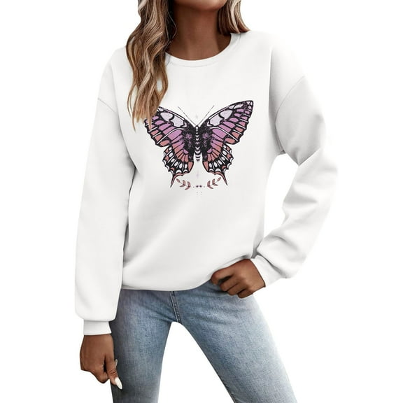 Sweatshirts for Women Butterfly Graphic Long Sleeve Crew Neck Casual Lightweight Pullover Tops White