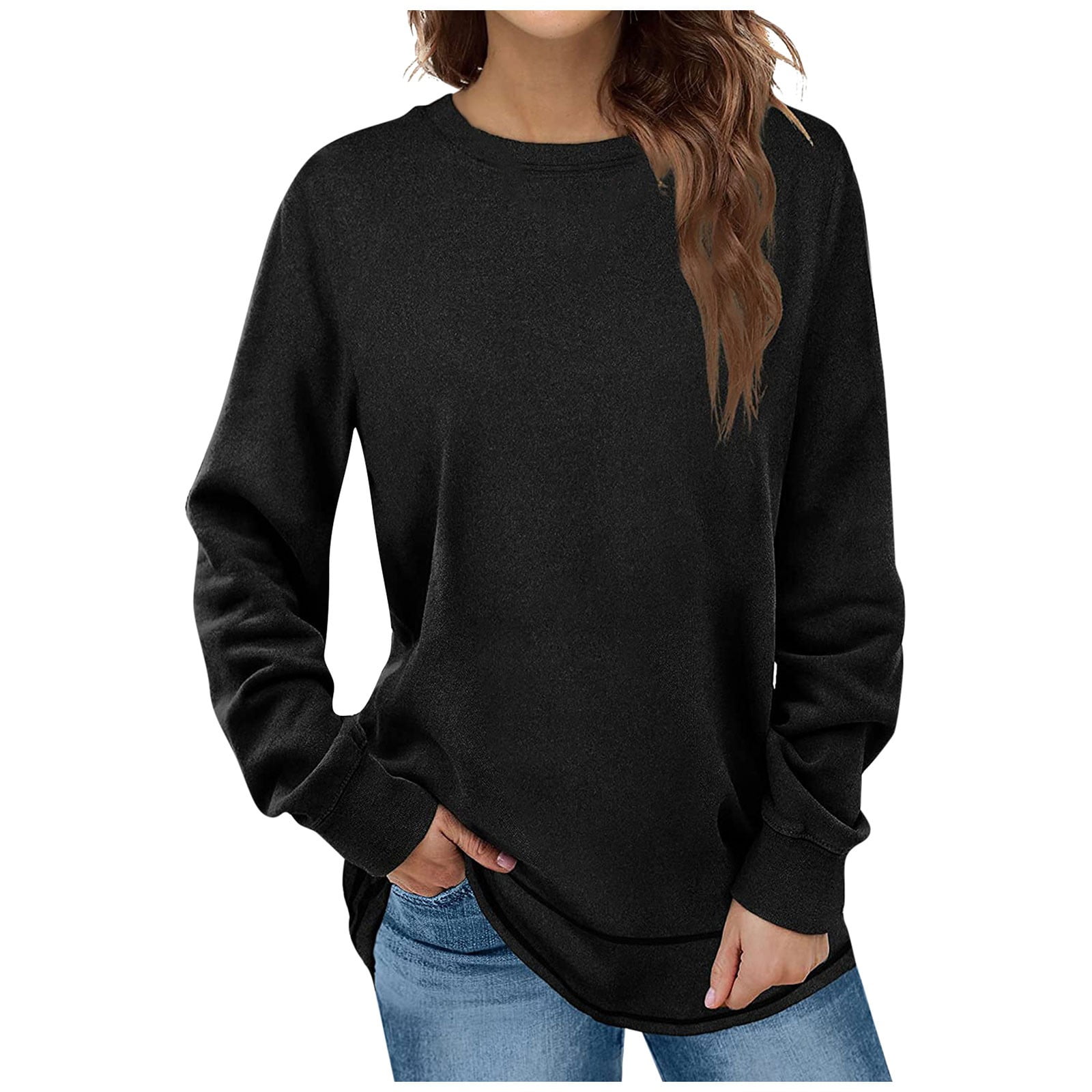 Sweatshirts for Women Casual Crewneck Long Sleeve Solid Color Shirts Soft  Lightweight Tunic Loose Tops for Leggings 