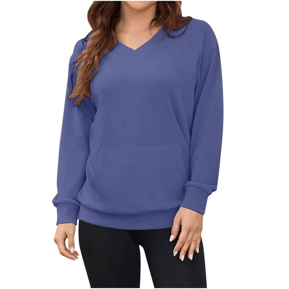 Sweatshirts for Women Casual Long Sleeve V Neck Loose Fit Solid Color Pullover Sweatshirt Tops with Pockets (S, Dark Blue)