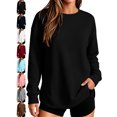 thumbnail image 1 of Sweatshirts for Women Casual Pullover Long Sleeve Side Slit Pocket Crewneck Loose Fit Classic Tops, 1 of 6