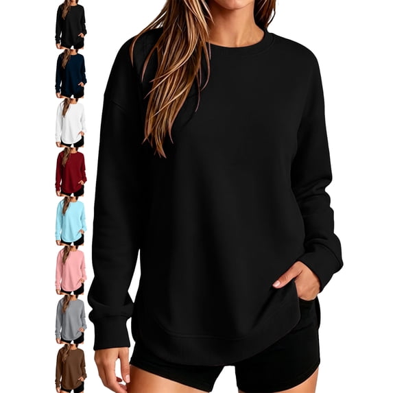Sweatshirts for Women Casual Pullover Long Sleeve Side Slit Pocket Crewneck Loose Fit Classic Tops