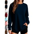 thumbnail image 1 of Sweatshirts for Women Casual Pullover Long Sleeve Side Slit Pocket Crewneck Loose Fit Classic Tops, 1 of 6