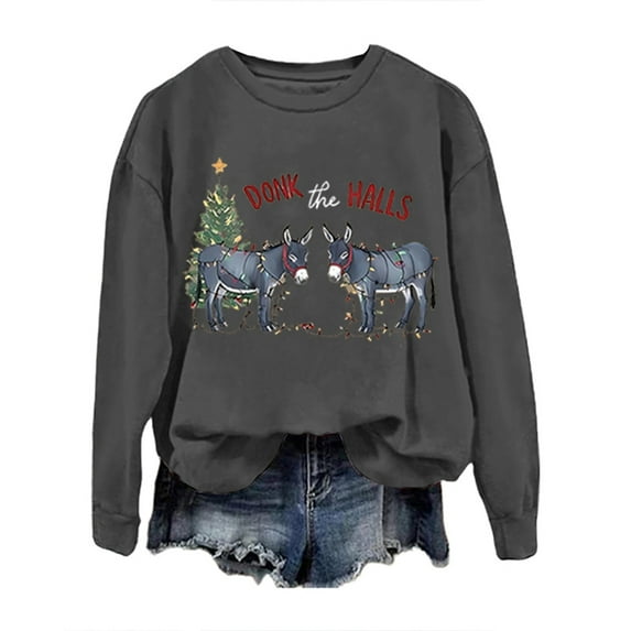 Sweatshirts for Women Christmas Long Sleeve Crew Neck Donkey Graphic Pullover Tops Winter Casual Cozy Soft Loose Fall Women Sweatshirt Dark Gray XL