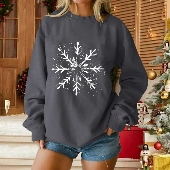 Sweatshirts for Women Christmas Printing Snowflake Long Sleeve Winter Casual Sports Round-Neck Sweatshirt,Womens Tops Plus Size Dark Gray XL
