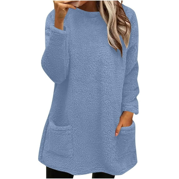 Sweatshirts for Women Clearance MIUOWANP Women's Round- Neck And Winter Loose Solid Pocket Warm Long Sleeve Blouse Tops Blue M