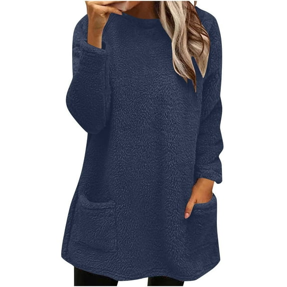 Sweatshirts for Women Clearance MIUOWANP Women's Round- Neck And Winter Loose Solid Pocket Warm Long Sleeve Blouse Tops Navy S