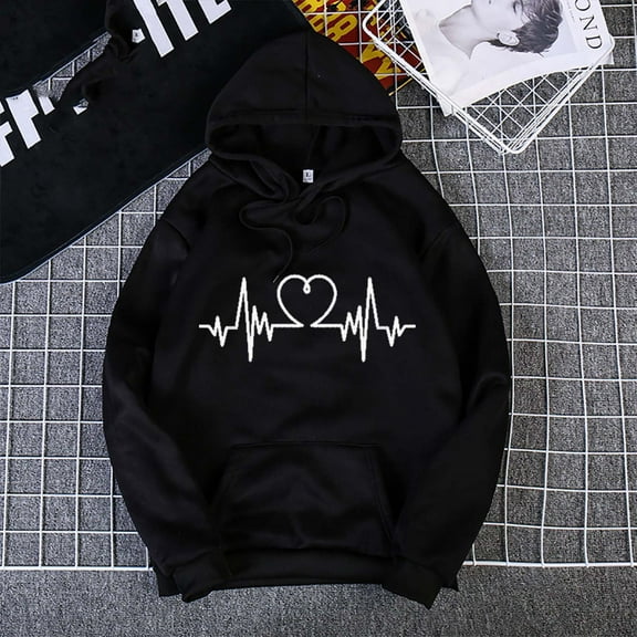 Sweatshirts for Women Plus Size Hooded Pocket Long Sleeve Casual Print Sweatshirt Black XL