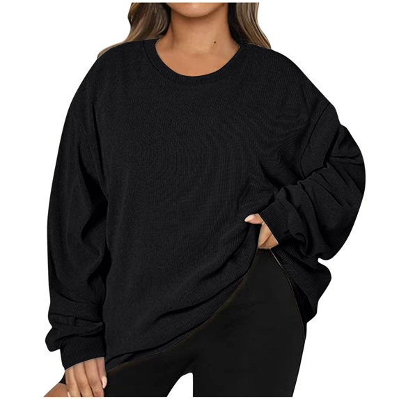 Sweatshirts for Women Crew Neck Black Solid Color Plush Corduroy Pullover 2025 Fall Fashion Outfits Clothes